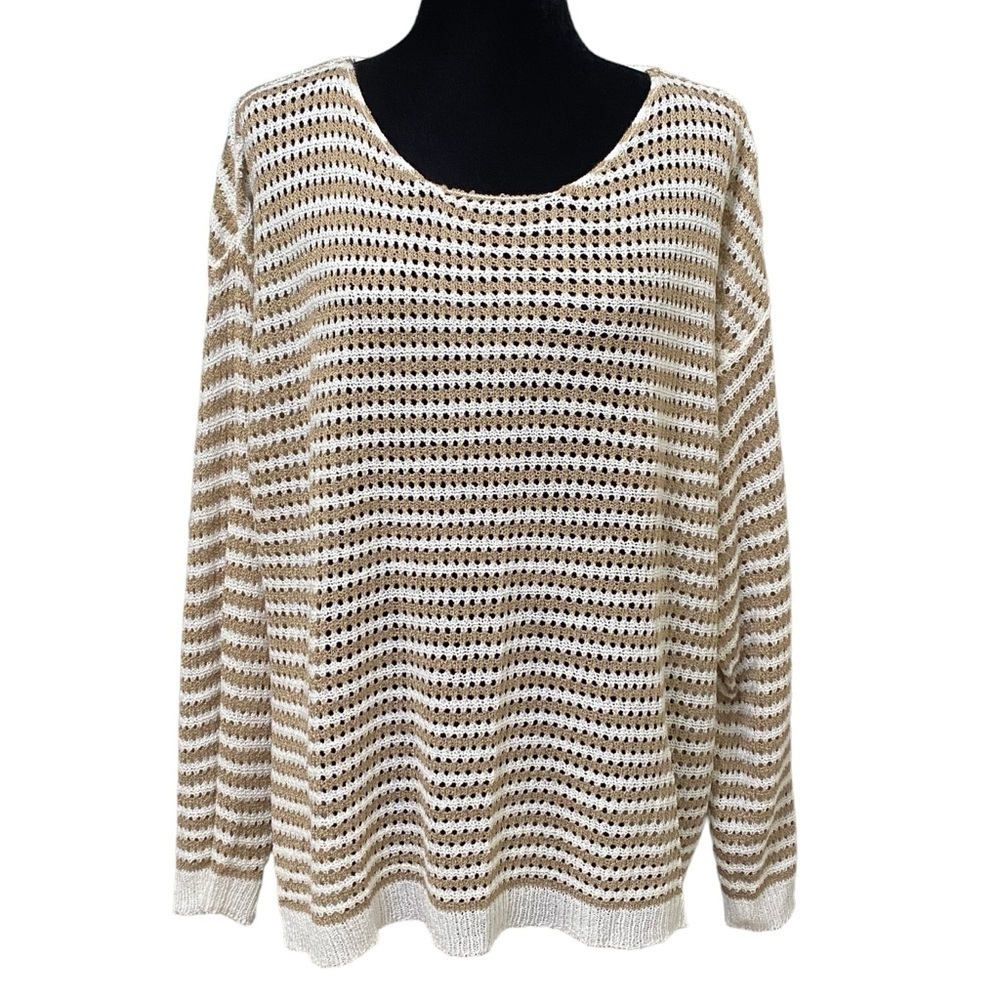Pink Lily Taupe Ivory Striped Boho Beachy Open Knit Sweater 3XL - Picture 7 of 13